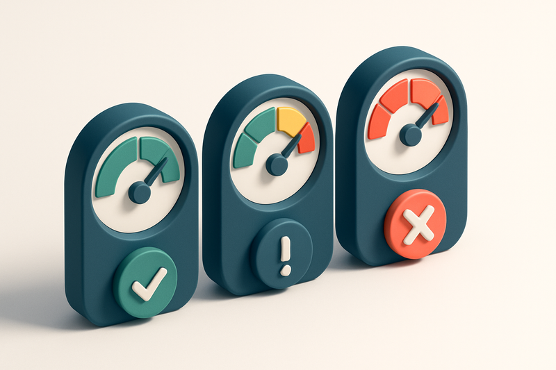 a row of three gauges showing validation status (green, yellow, red)