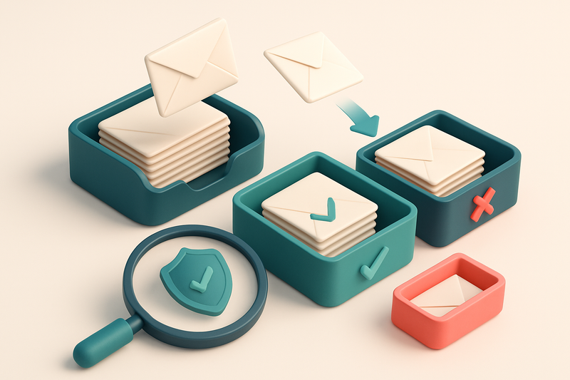 An isometric email inbox with envelopes being sorted onto a green 'valid' tray and a red 'invalid' tray, a magnifying gl