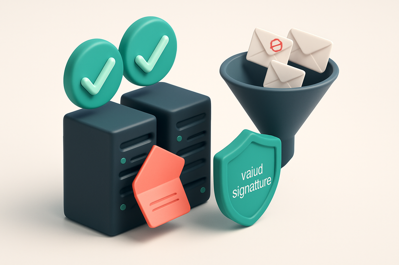 An isometric server cluster with two large green checkmarks floating above it, a red 'DKIM failed' sign falling off one