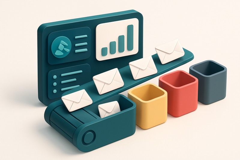 An isometric view of a legal outreach dashboard with a conveyor belt sorting envelopes labeled 'Valid', 'Catch-all', 'In