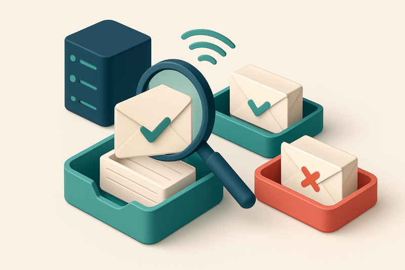 an isometric email inbox with envelopes being sorted onto a green 'valid' tray and a red 'invalid' tray, a magnifying gl