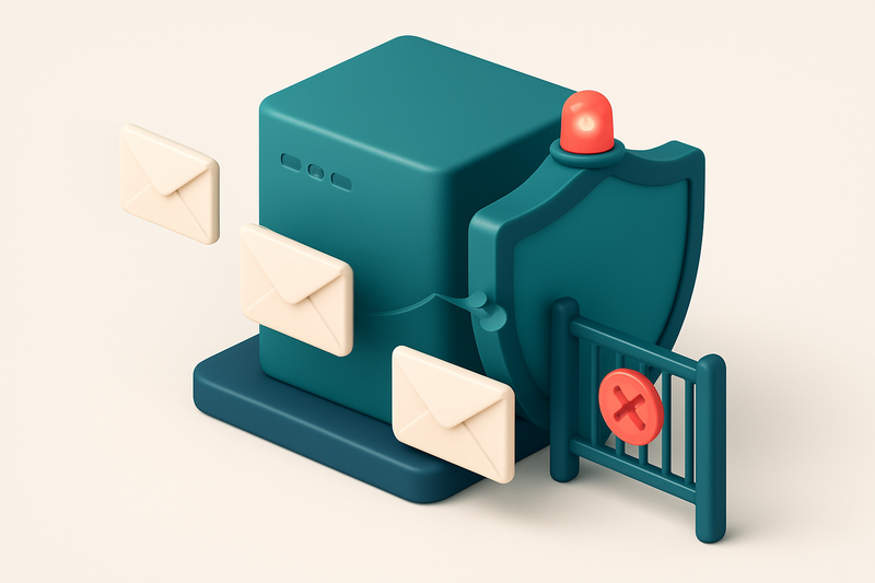 An isometric email server hub with a rotating shield labeled 'DMARC' guarding incoming messages; some envelopes pass thr