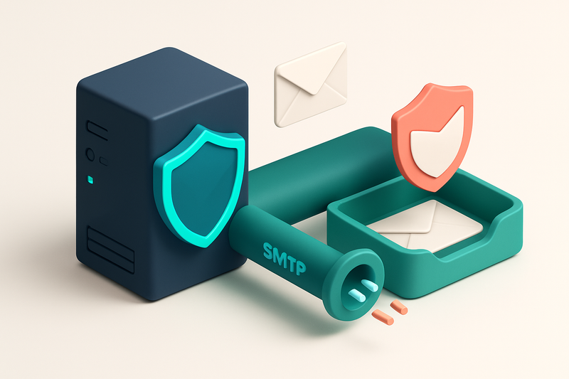 An isometric illustration of a secure email relay server with a glowing blue shield labeled 'DKIM', sending packets thro