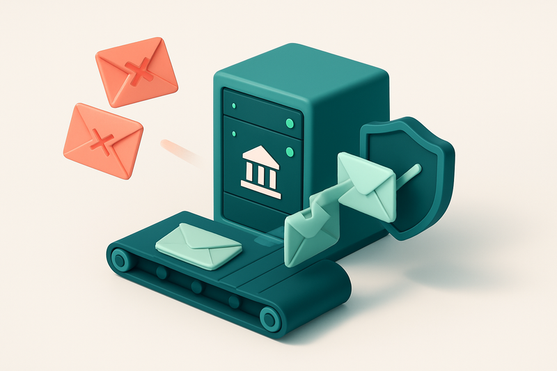 An isometric view of a government email server rack with red 'invalid' envelopes bouncing off it, green 'valid' envelope