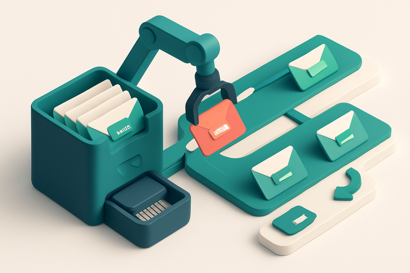An isometric email inbox with envelopes labeled 'valid', 'invalid', 'catch-all', and 'risky' being sorted by a mechanica