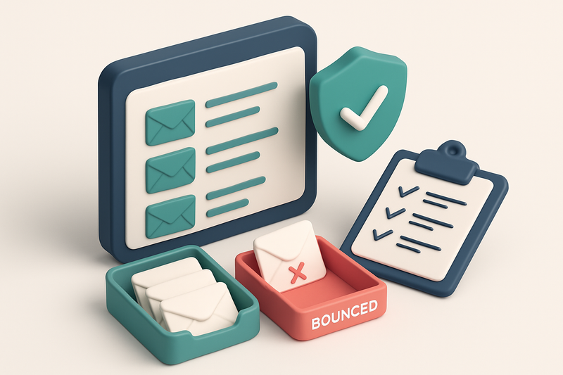 An isometric email list in a digital dashboard, with envelopes being scanned by a green checkmark shield, and invalid em