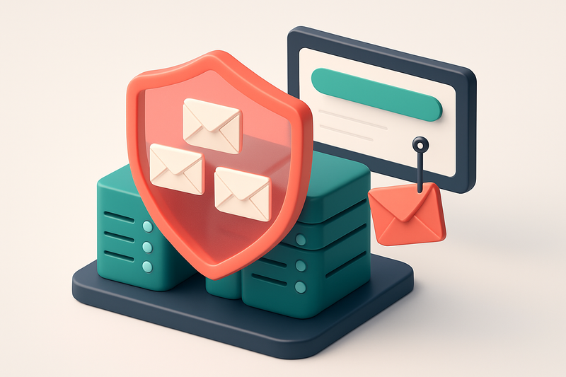 Hero: an isometric view of a secure email server farm with a glowing red shield covering all outgoing messages, a single