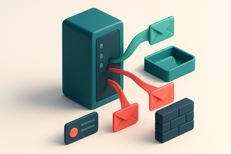 A 3D isometric view of a server tower with colored email packets flowing out: green packets labeled 'Authenticated' arri