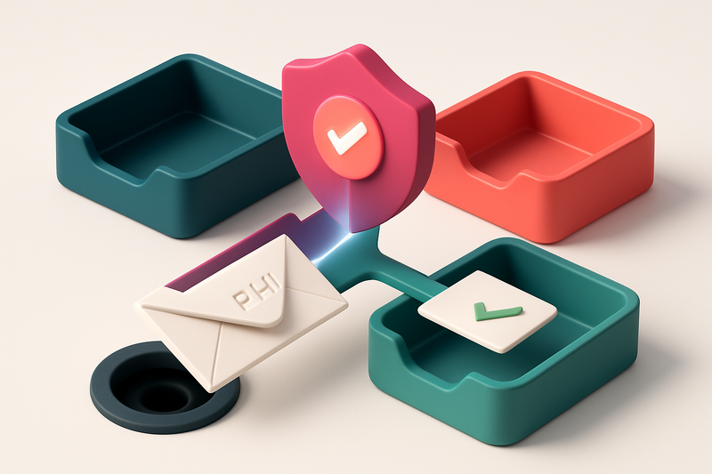 Hero: an isometric email inbox with a red 'invalid' tray and green 'valid' tray; an envelope labeled 'PHI' is being scan