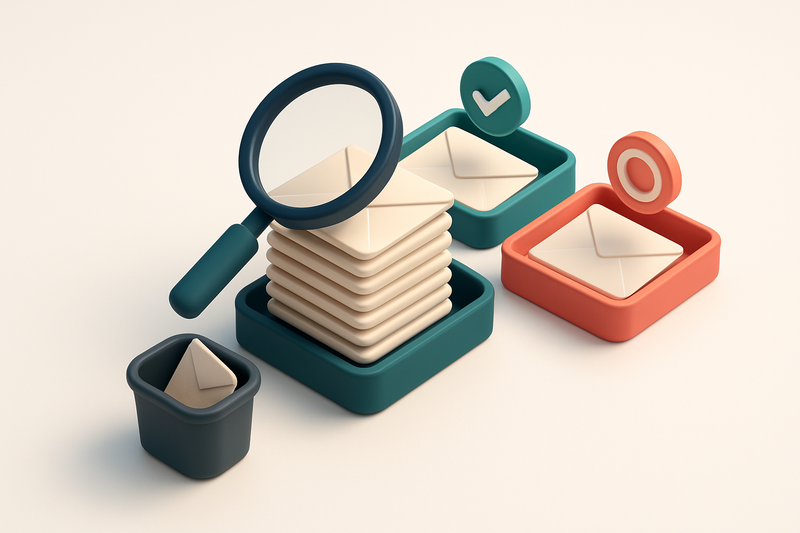 An isometric email inbox with envelopes being sorted onto a green 'valid' tray and a red 'invalid' tray, a magnifying gl