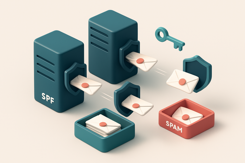 An isometric email server farm with multiple servers labeled 'SPF', 'DKIM', and 'DMARC', each sending a sealed email env