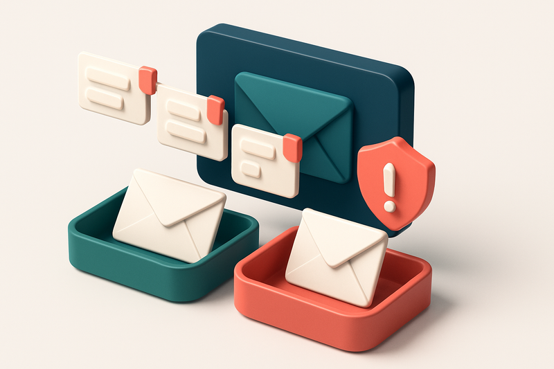 An isometric email inbox with envelopes being sorted onto a green 'valid' tray and a red 'invalid' tray, labeled envelop