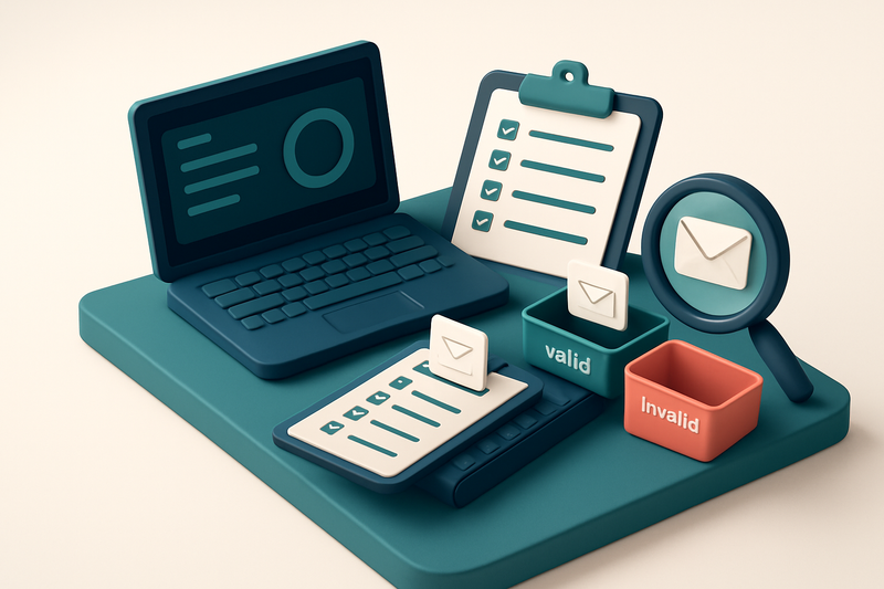 An isometric desk with a laptop displaying a dashboard showing 98.9% validation accuracy, a clipboard with a list of ema
