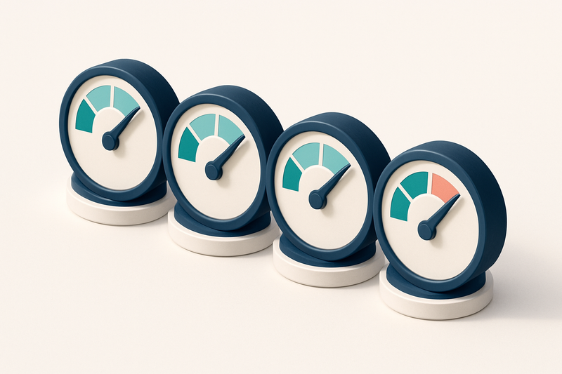 a row of four gauge dials, each showing different performance levels