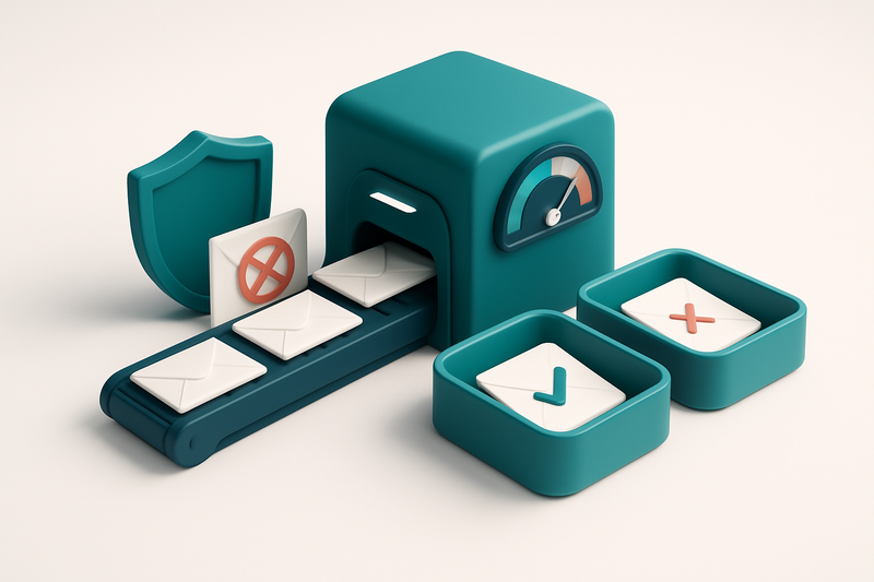 an isometric mail server with a conveyor belt feeding envelopes into a green 'valid' tray and a red 'invalid' tray, a sh