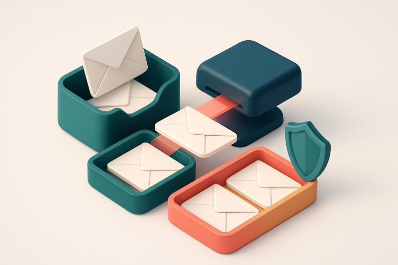 an isometric email inbox with envelopes being scanned by a laser beam, sorted into a green 'valid' tray, a red 'invalid'