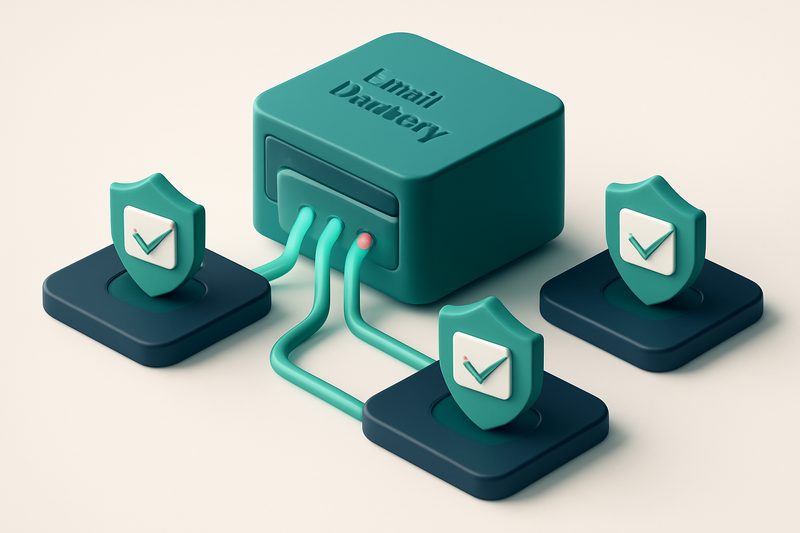 An isometric view of a central server labeled 'Email Delivery Dashboard' connected via glowing data pipes to three label