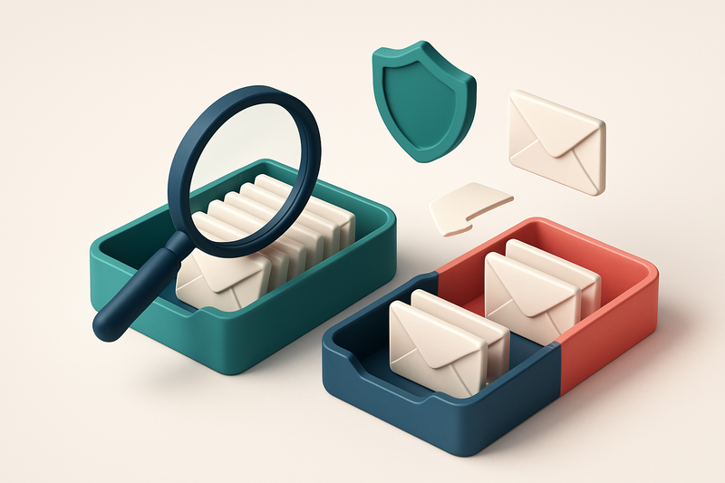 An isometric email inbox with envelopes being sorted onto a green 'valid' tray and a red 'invalid' tray, a magnifying gl