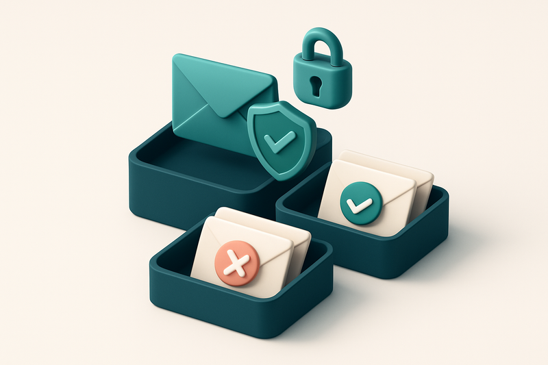 An isometric email inbox with envelopes being scanned by a digital shield, sorted into two trays: one labeled 'Valid (HI