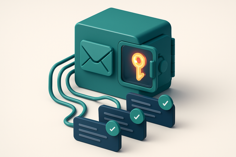 Hero: an isometric email server with a glowing key-shaped lock rotating inside a digital vault, connected via fiber-opti