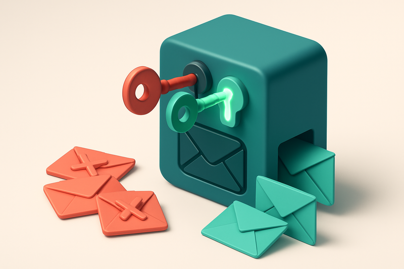 A 3D isometric view of a secure email server with two labeled keys—old (red, worn) and new (green, glowing)—inserted int