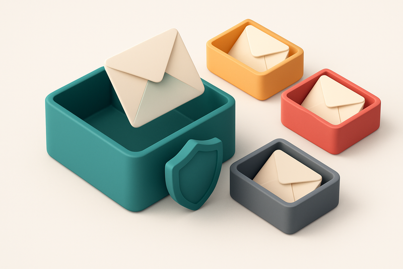 an isometric email inbox with envelopes labeled 'valid', 'risky', 'invalid', and 'catch-all' sorting into separate bins—