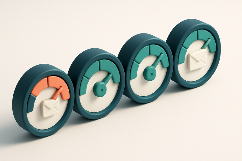 a row of four gauge dials, each showing different levels of email health
