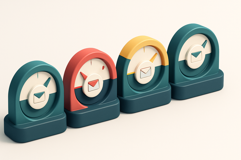 a row of four flat gauges, each indicating different email verification status: green for valid, red for invalid, yellow