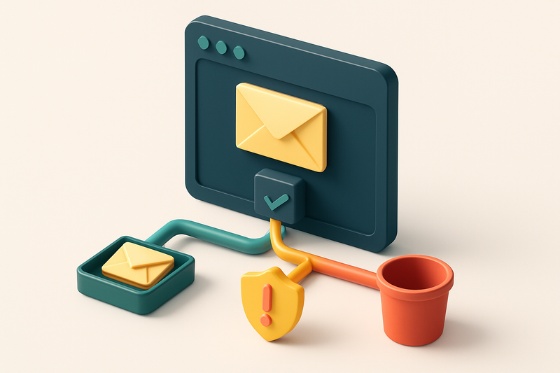 An isometric delivery app dashboard showing a central email envelope being routed through a validation gate: a green 'Va
