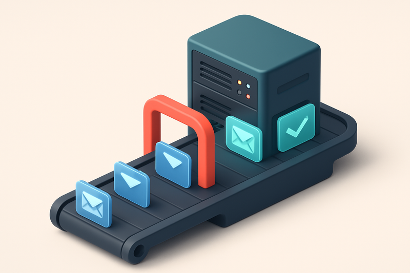 An isometric game server rack with green 'valid' emails being confirmed and blue 'risky' or 'invalid' ones rejected by a
