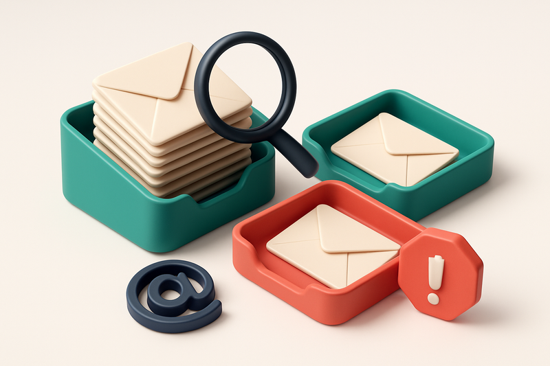 an isometric email inbox with envelopes being sorted onto a green 'valid' tray and a red 'invalid' tray, a magnifying gl