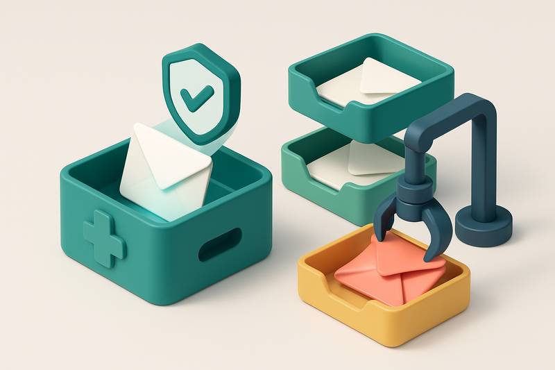 Hero: an isometric medical clinic inbox with envelopes labeled 'valid' and 'risky' sorted into green and yellow trays; a