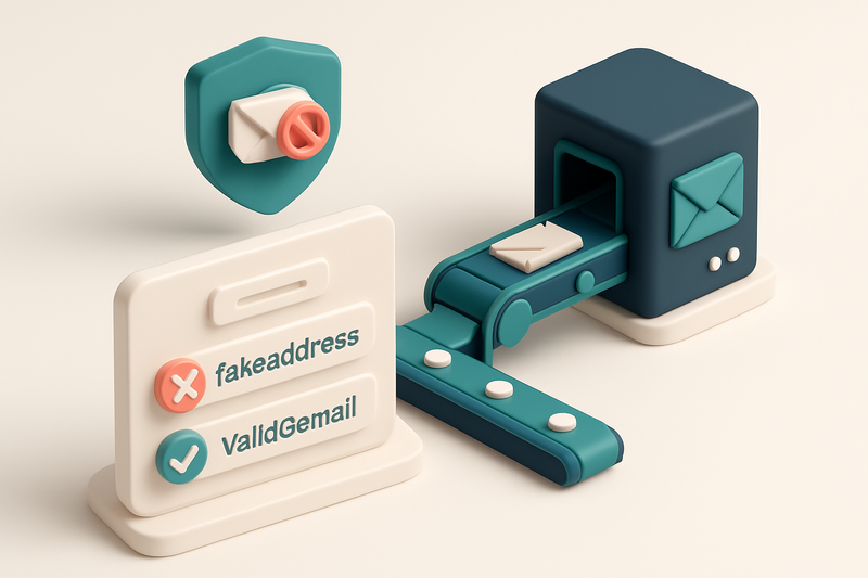 An isometric email form with a red 'x' over a fake address, a green 'check' on a valid one, and a shield icon blocking a