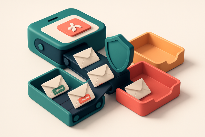 Hero: an isometric mobile game dev outreach dashboard with a conveyor belt pushing envelopes labeled 'valid', 'invalid',