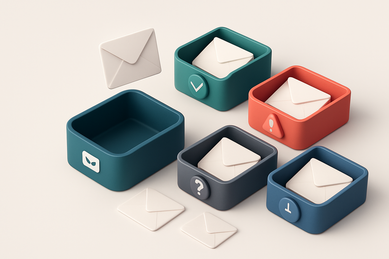 An isometric email inbox with envelopes being sorted onto a green 'valid' tray and a red 'invalid' tray, a red 'risky' t