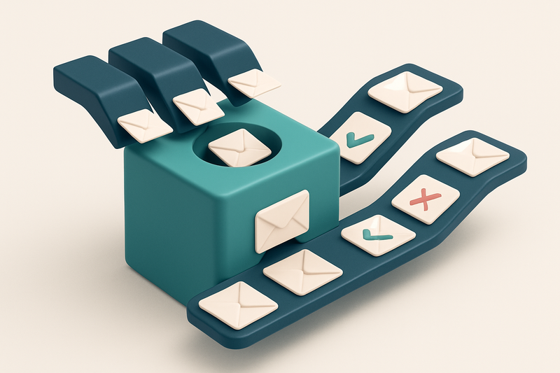 An isometric email server with multiple input slots labeled 'Marketing', 'Transactional', and 'Automated', each feeding