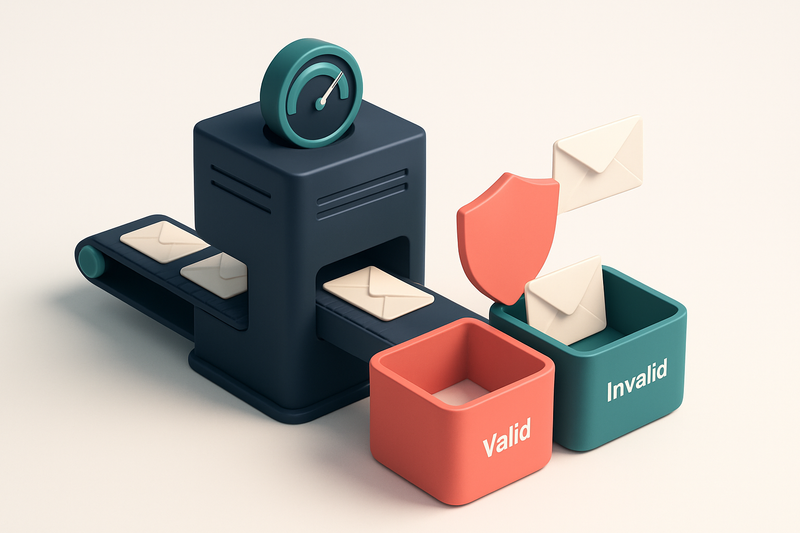 An isometric email server rack with a conveyor belt feeding envelopes into a green 'valid' bin and a red 'invalid' bin,