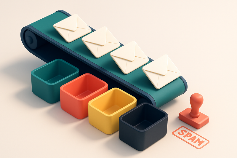 An isometric illustration of a conveyor belt with envelopes labeled 'valid,' 'invalid,' 'role-based,' and 'catch-all' be