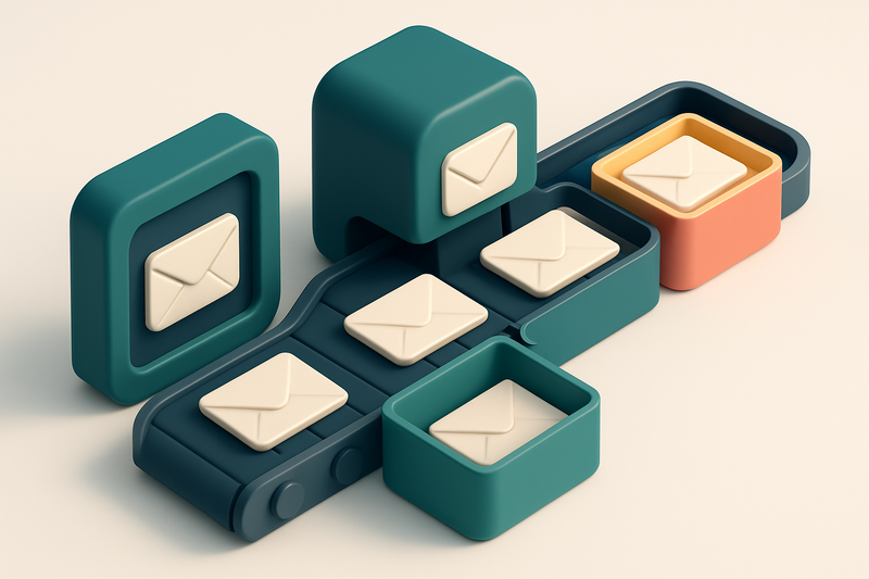 An isometric email inbox with envelopes being sorted by a conveyor belt: green 'valid' tray for real addresses, red 'inv