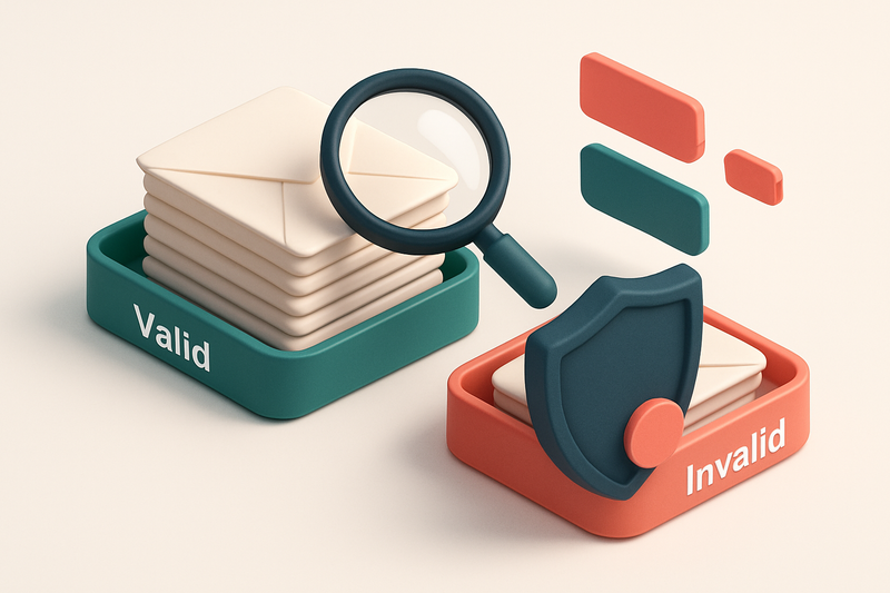 an isometric email inbox with envelopes being sorted onto a green 'valid' tray and a red 'invalid' tray, a magnifying gl