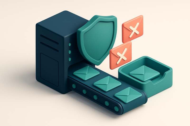 Hero: an isometric email server rack with red 'invalid' and 'catch-all' envelopes being filtered out by a shield, while