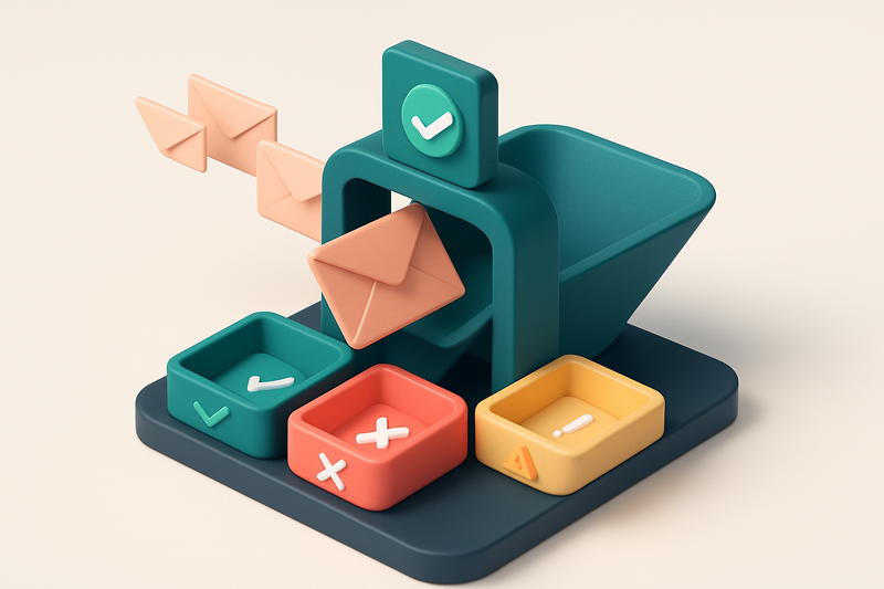 An isometric digital checkout funnel with a green 'verified' tray, a red 'invalid' tray, and a yellow 'risky' tray; inco