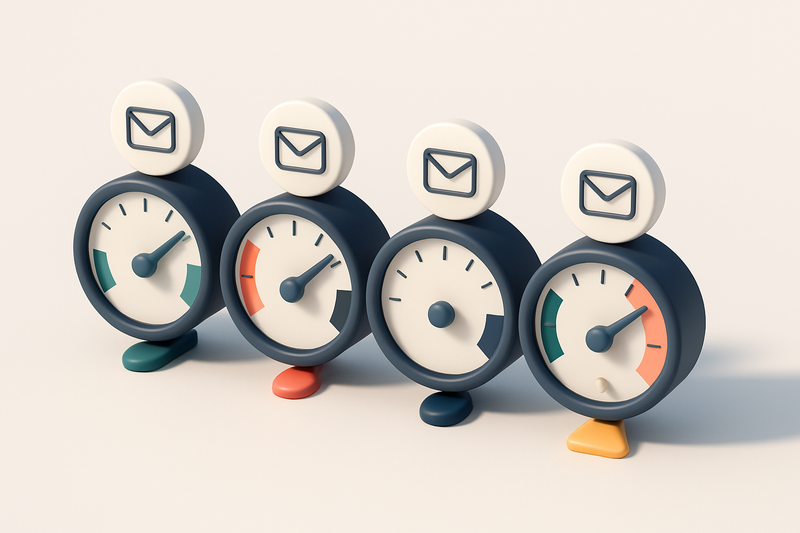 A row of four gauges, each showing a different email validation status (valid, invalid, catch-all, risky)
