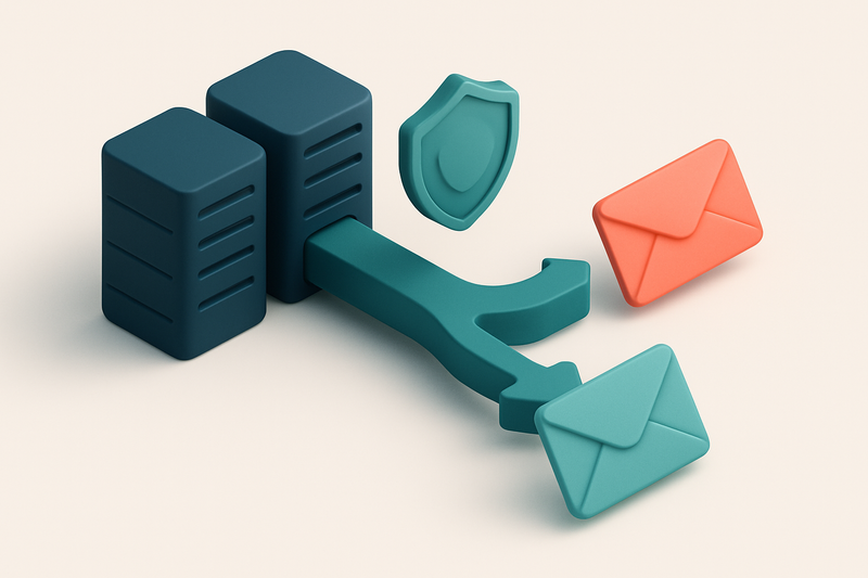 An isometric email server cluster with green 'valid' and red 'invalid' email envelopes being sorted through a DMARC tunn