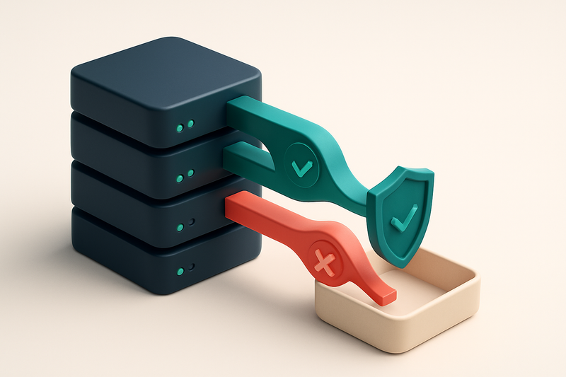 an isometric server rack with multiple data streams flowing into a central inbox, one stream labeled 'pass' (green check