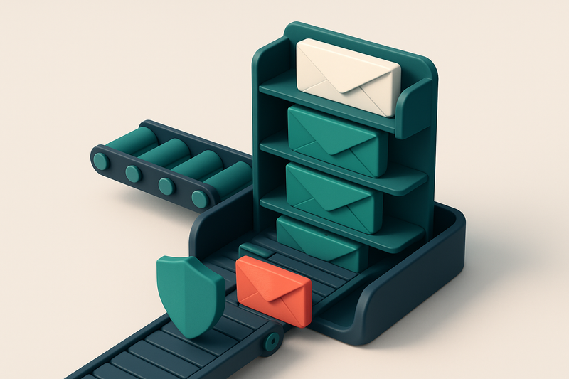 An isometric illustration of a 3D email inbox tray with envelopes labeled 'valid,' 'invalid,' 'catch-all,' and 'risky,'