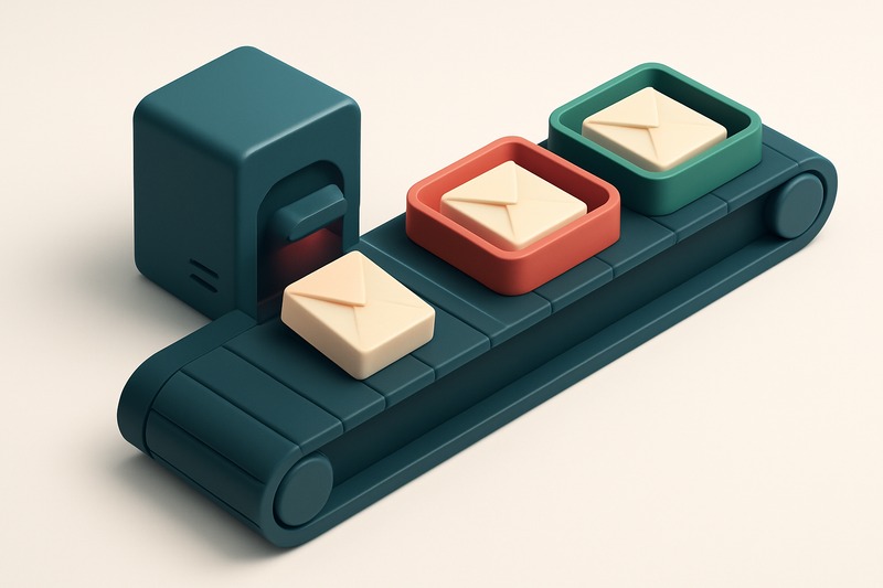 An isometric view of a data conveyor belt with three trays: green 'valid' emails, red 'invalid' emails, and yellow 'risk