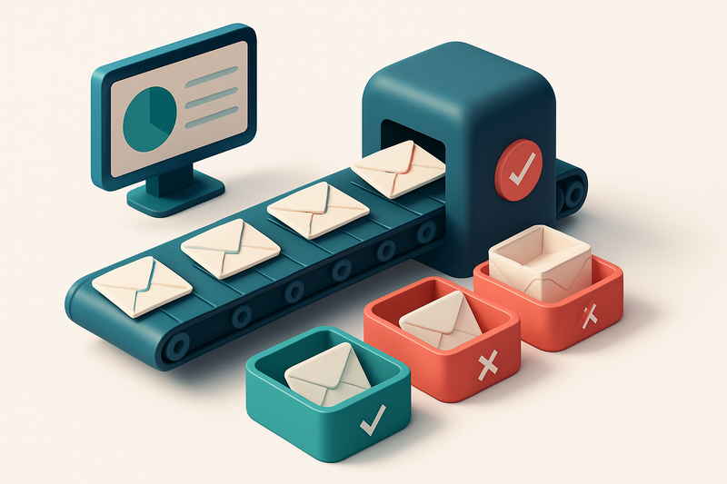 An isometric illustration of a conveyor belt moving labeled envelopes from a Marketo dashboard into a central validation