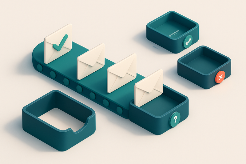 An isometric email inbox with a conveyor belt bringing in envelopes labeled 'valid', 'risky', and 'invalid', each moving