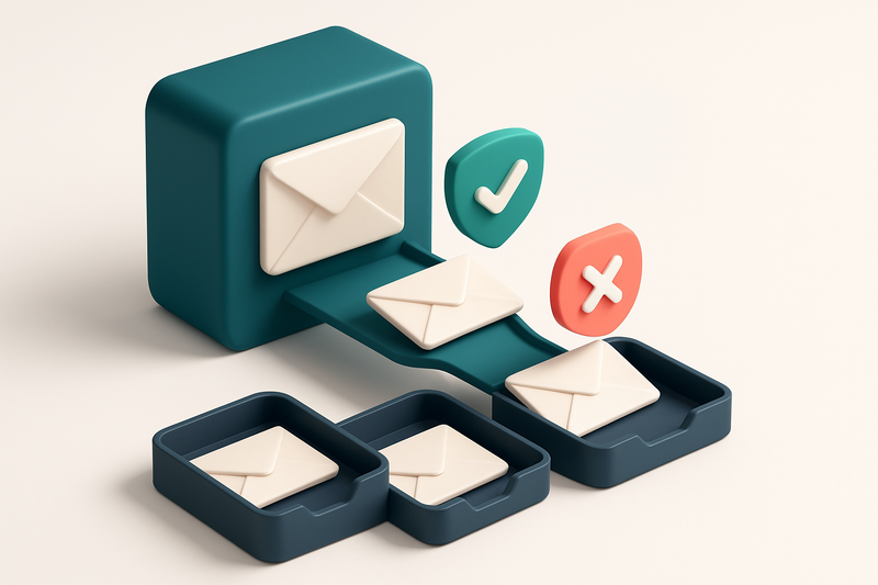 Hero: an isometric email inbox with envelopes labeled 'valid', 'catch-all', and 'invalid' being sorted onto separate tra